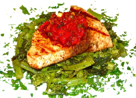 Swordfish With Puttanesca Sauce On A Bed Of Broccoli Rabe