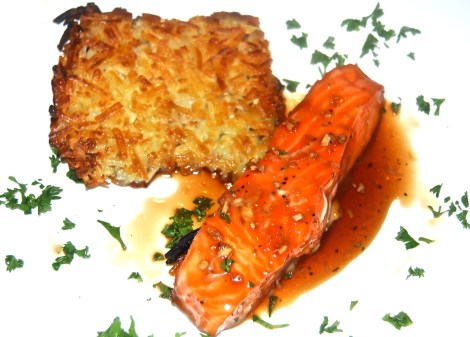 Soy Maple Salmon with A Square Of Hash Bowns