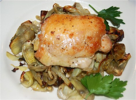 Chicken Thigh on a bed of Fennel, Artichokes  & Onions